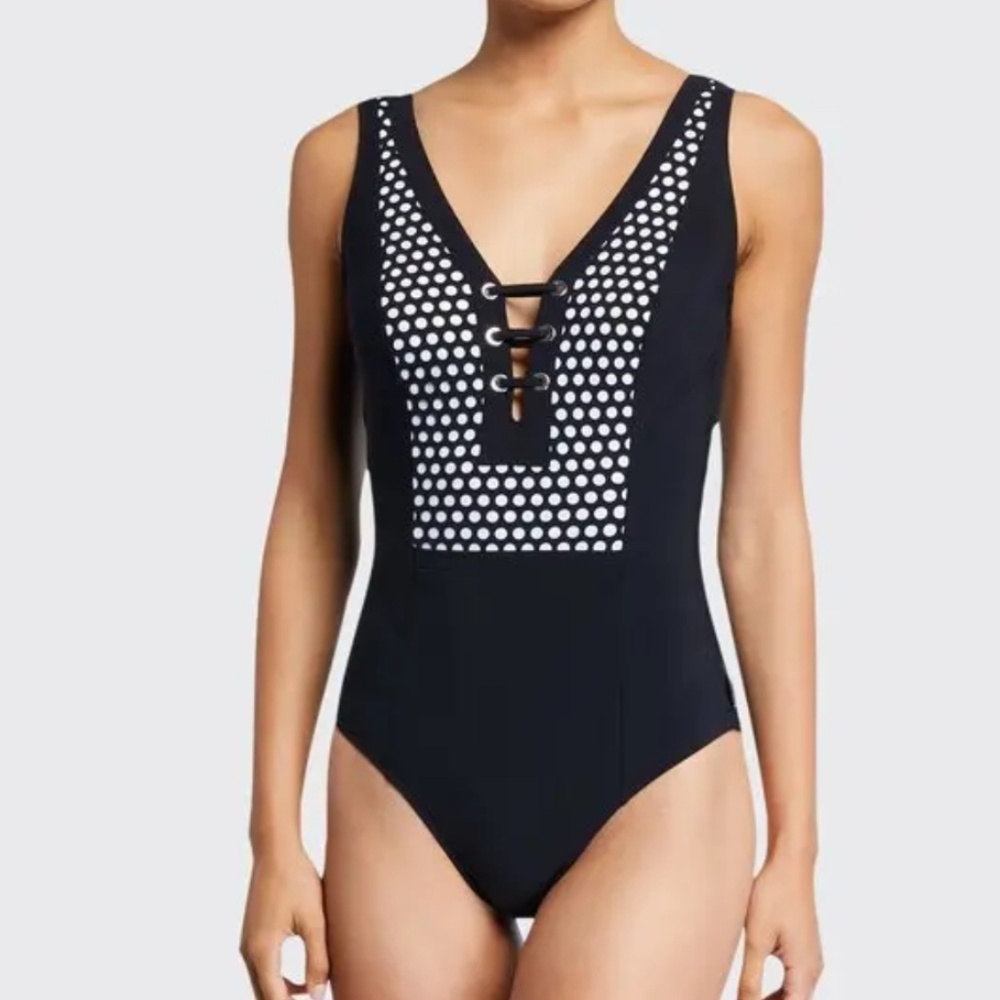 NWT Shan Nikko Plunge One-piece Black/white dot Lace up detail Swimsuit SZ 6